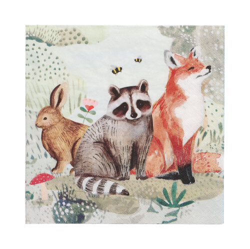 The PAPSTAR GmbH 20 napkins, 33x33 cm, Set 2 show a rabbit, a raccoon, and a fox sitting among grasses, flowers, mushrooms, and bees on a light green-blue background.