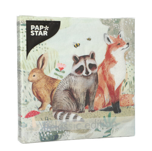 A stack of PAPSTAR GmbH 20 napkins, 33x33 cm, 3-ply, featuring a rabbit, a raccoon, and a fox amidst bees and flowers. The PAPSTAR logo appears in the top left corner. Design set 2.