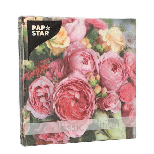 A pack of PAPSTAR 20 napkins, 33x33 cm, 3-ply, features a floral print with roses and peonies. The brand name PAPSTAR GmbH is on the label in the top left corner.