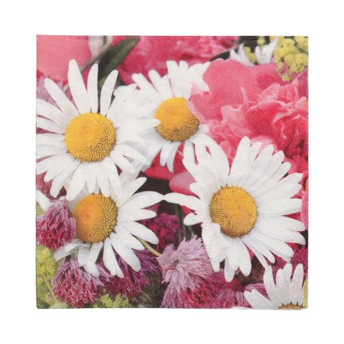 The PAPSTAR 20 napkins, 33 cm x 33 cm, 3-ply by PAPSTAR GmbH have a floral design with white daisies and colorful blossoms and bring vibrant elegance to your table.