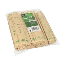 A transparent plastic bag from PAPSTAR GmbH contains 100 pairs of "pure" bamboo chopsticks (21 cm), individually wrapped in foil. The green-white label shows product information, barcode, and the brand name.