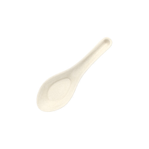 The PAPSTAR finger food spoon sugarcane "pure" 14.5 cm, Asia design (50 pieces) from PAPSTAR GmbH is a biodegradable, cream-colored spoon with an oval bowl and curved handle - perfect for serving finger food.