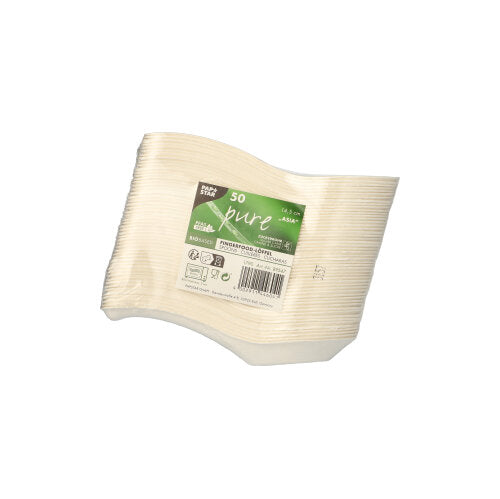 A pack of 50 PAPSTAR finger food spoons sugarcane "pure" (14.5 cm, Asia design) from PAPSTAR GmbH, stacked and shrink-wrapped with a green-white eco-label indicating that they are biodegradable.