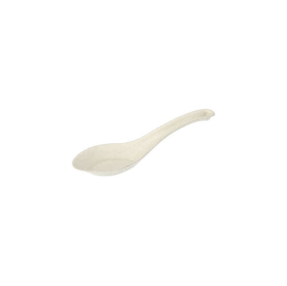 A PAPSTAR finger food spoon sugarcane "pure" (14.5 cm, Asia design) from PAPSTAR GmbH stands centrally on a white background, angled with the handle upwards and slightly pointing to the right. The biodegradable spoon is depicted individually.