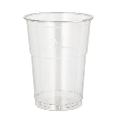 A Starpak 50 R-PET clear drinking cup stands upright on a white background – perfect for eco-friendly drink serving.