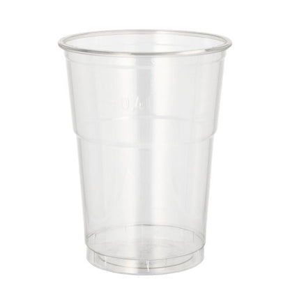 A Starpak 50 R-PET clear drinking cup stands upright on a white background – perfect for eco-friendly drink serving.