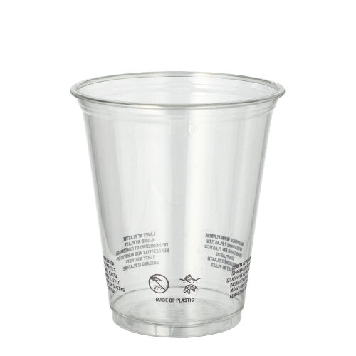 The Starpak 50 R-PET clear drinking cup, a transparent and eco-friendly cup from Starpak, features recycling and warning symbols at the bottom and stands upright on a white background.
