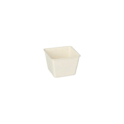 A small, square finger food bowl made from eco-friendly sugarcane from PAPSTAR GmbH ("PAPSTAR 50 finger food bowls, sugarcane pure white"), presented against a simple white background.