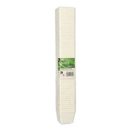 A stack of 50 PAPSTAR finger food bowls made from sugarcane "pure" white from PAPSTAR GmbH, sustainably packaged – the eco-friendly alternative for any event.