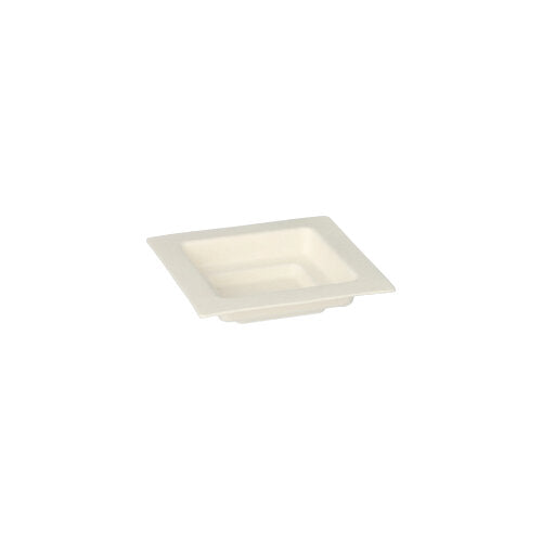 The PAPSTAR 50 finger food plate from PAPSTAR GmbH is a small, square, white plate made of sugarcane ("pure" white), ideal for serving appetizers. With a flat edge and flat center; depicted on a plain white background.