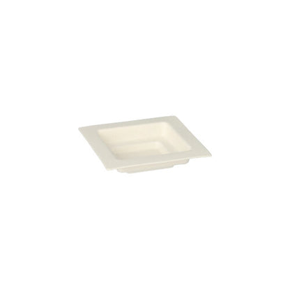 The PAPSTAR 50 finger food plate from PAPSTAR GmbH is a small, square, white plate made of sugarcane ("pure" white), ideal for serving appetizers. With a flat edge and flat center; depicted on a plain white background.
