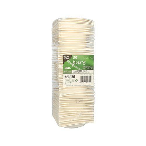 A 50-pack PAPSTAR finger food plate made of sugarcane "pure" white from PAPSTAR GmbH is packaged in plastic; The green-white label provides information about the product and indicates biodegradability.
