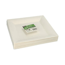 A stack of PAPSTAR finger food plates square, sugarcane, 20.3 cm, white (25 pieces) from PAPSTAR GmbH, with a barcode sticker and a green label on top, depicted against a plain white background.