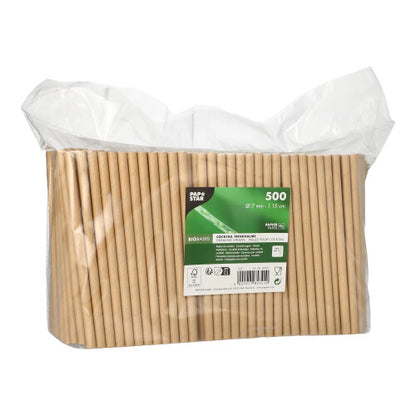 A clear plastic bag contains 500 PAPSTAR cocktail straws (paper, Ø 7 mm, 15 cm). The label on the front shows product details such as quantity, size, branding of PAPSTAR GmbH, as well as symbols for recycling and compostability.