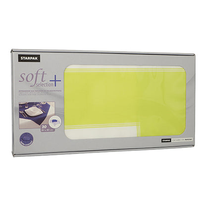A rectangular Starpak box labeled "soft selection plus" contains 20 yellow-white centerpiece napkins (80x80 cm, fabric-like fleece), with a folded napkin visible through a transparent window on the front.