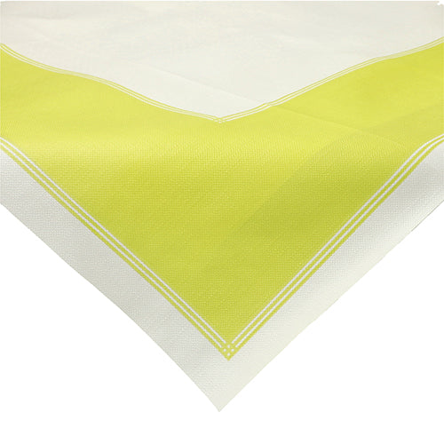 A close-up of the Starpak 20 centerpiece tablecloth (80x80 cm) from the "soft selection plus" line made of fabric-like fleece with a wide yellow border and two thin white lines on the edge. The corner is visible.