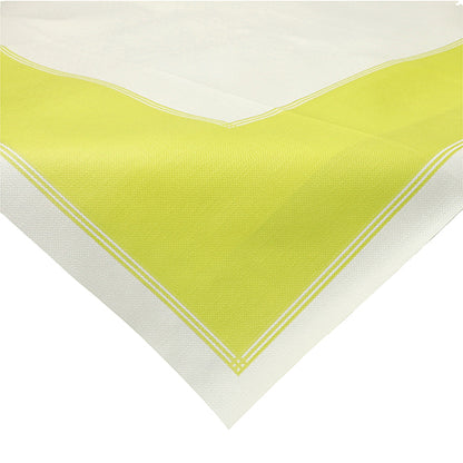 A close-up of the Starpak 20 centerpiece tablecloth (80x80 cm) from the "soft selection plus" line made of fabric-like fleece with a wide yellow border and two thin white lines on the edge. The corner is visible.