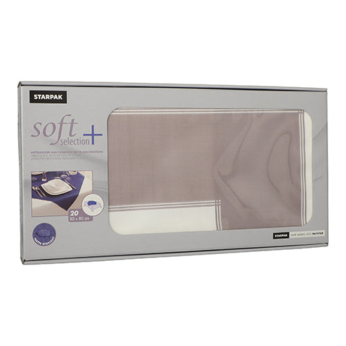 Depicted is a rectangular box with Starpak 20 centerpieces, fabric-like, fleece "soft selection plus" (80 x 80 cm), fabric-like. The fabric-like napkins are visible through a transparent window on the front of the packaging.