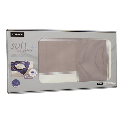 Depicted is a rectangular box with Starpak 20 centerpieces, fabric-like, fleece "soft selection plus" (80 x 80 cm), fabric-like. The fabric-like napkins are visible through a transparent window on the front of the packaging.