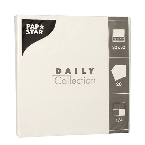 A pack of PAPSTAR 20 napkins "DAILY Collection" 1/4-fold, 32 x 32 cm, white from PAPSTAR GmbH – ideal for table decoration. The front of the packaging shows size and fold details.