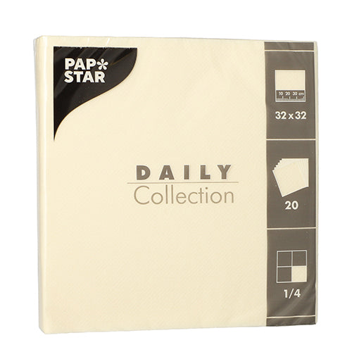 PAPSTAR 20 napkins "DAILY Collection", cream, 32x32 cm, 1/4-fold from PAPSTAR GmbH – ideal for table decoration; package contains 20 napkins, quarter fold and branding.