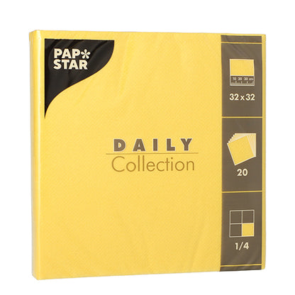PAPSTAR GmbH 20 napkins "DAILY Collection", 1/4-fold, 32 x 32 cm, yellow – ideal for table decoration. Folding (1/4-fold) and quantity (20 pieces) can be found on the right side of the packaging.