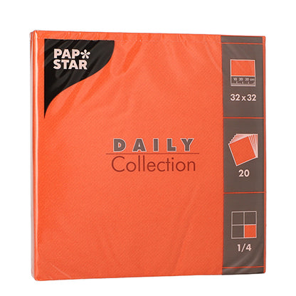 A 20-pack of orange PAPSTAR napkins “DAILY Collection” by PAPSTAR GmbH, 1/4-fold, each 32 x 32 cm in size.