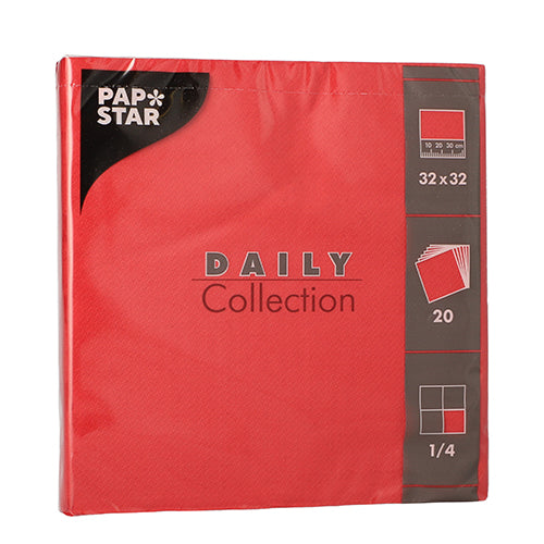 A pack with 20 napkins by PAPSTAR GmbH from the “DAILY Collection”, 1/4-fold, 32x32 cm, red. The packaging contains symbols and text with all important details.