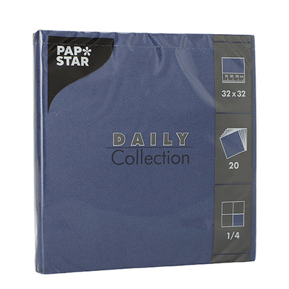 A blue pack with 20 PAPSTAR napkins "DAILY Collection" 1/4-fold, 32 x 32 cm from PAPSTAR GmbH – ideal for stylish table decoration, with fold and quantity symbols on the right side.