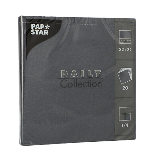 A 20-pack of napkins (1/4-fold, 32x32 cm) by PAPSTAR GmbH from the “DAILY Collection” in dark gray – ideal for a stylish table decoration and branded with the name PAPSTAR.
