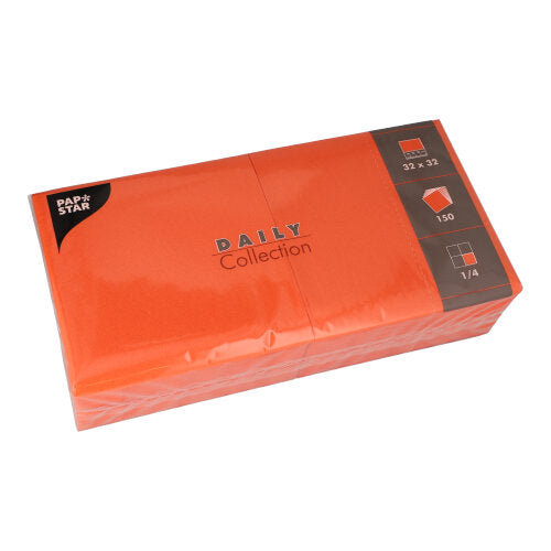 A package with 150 orange napkins from PAPSTAR GmbH, "DAILY Collection", 1/4 fold, 32 x 32 cm, is delivered in a plastic packaging with product details on the cover.