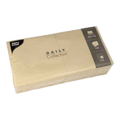 A beige package with 150 napkins from PAPSTAR GmbH "DAILY Collection" 1/4 fold, 32 x 32 cm, perfect for daily use. Neatly folded and wrapped in transparent film.