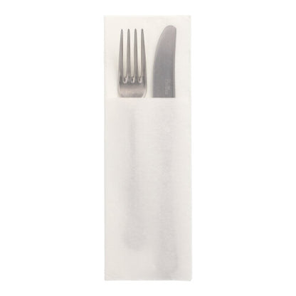 A fork and knife rest made of stainless steel side by side in a white 50 napkin sleeve "DAILY Collection" 48x30 cm by PAPSTAR GmbH with cutlery fold, whose top side is visible - ideal for elegantly set tables.