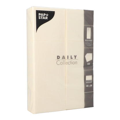 A sealed pack of 50 beige PAPSTAR napkins "DAILY Collection" 48 x 30 cm with cutlery fold from PAPSTAR GmbH, with black and white product details and symbols on the packaging.