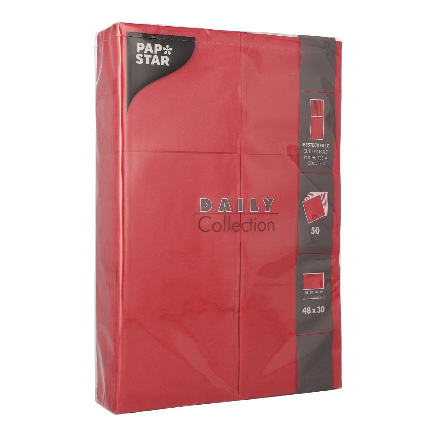 A pack of PAPSTAR 50 napkins "DAILY Collection" 48 cm x 30 cm with cutlery fold from PAPSTAR GmbH, wrapped in transparent plastic, shows product details and features in white and gray lettering on the packaging.