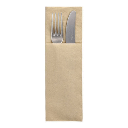 In a beige PAPSTAR 50 napkins "DAILY Collection" 48x30 cm with cutlery fold by PAPSTAR GmbH are fork and knife made of metal, the handles are covered and the heads are visible at the top - an eye-catcher in premium design.