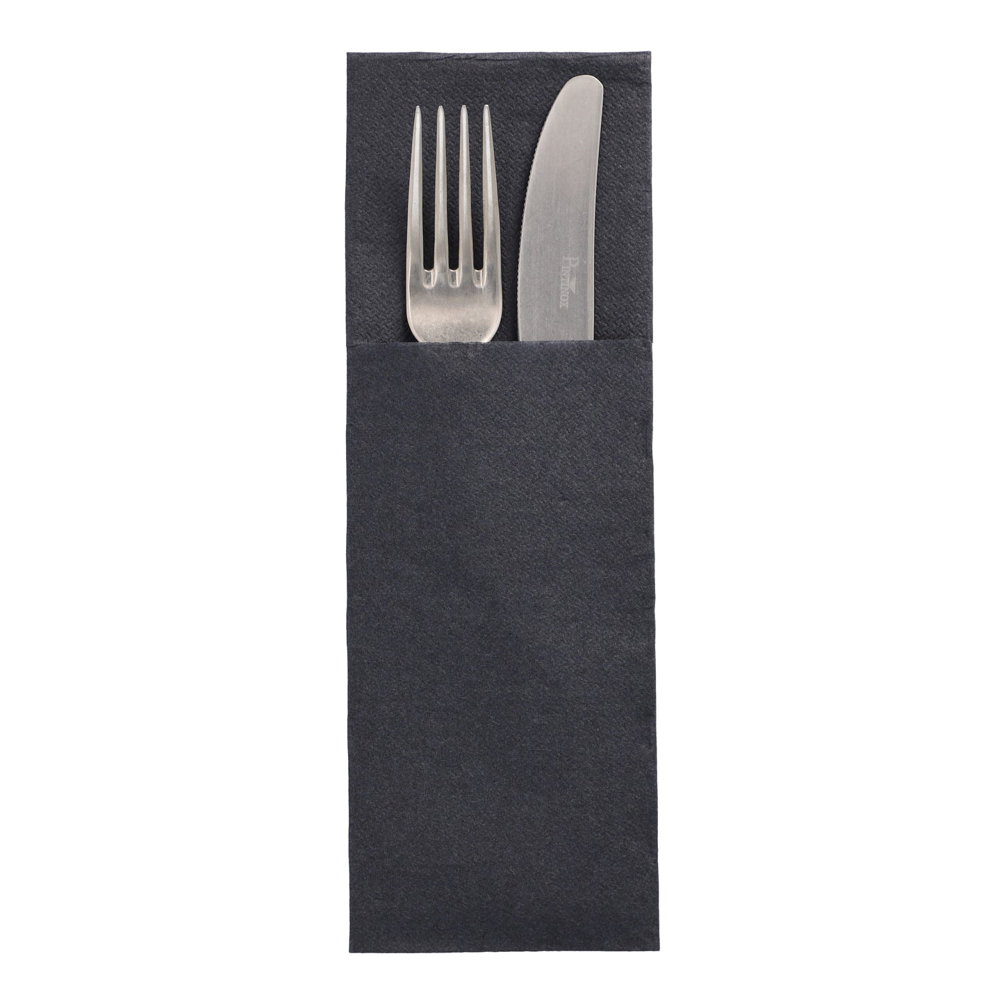 A silver fork and a silver knife from the DAILY Collection lie side by side in a dark gray napkin (48x30 cm) by PAPSTAR GmbH "DAILY Collection" with cutlery fold, partially visible over the edge of the napkin.