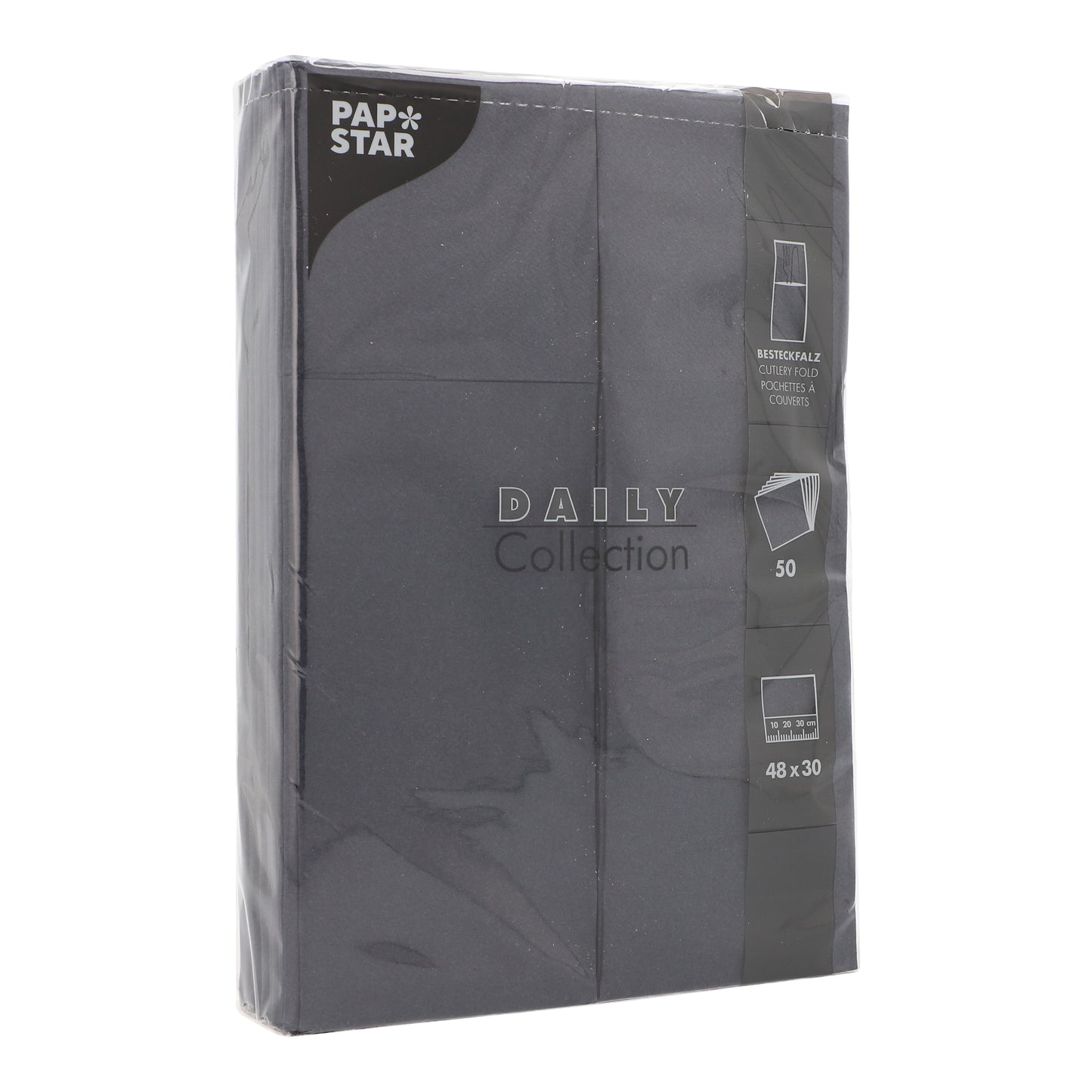 A sealed pack of 50 PAPSTAR napkins "DAILY Collection" (48 x 30 cm, cutlery fold) by PAPSTAR GmbH features black packaging with white text and an illustrated napkin on the side.