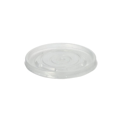 A clear, round Starpak 25 lid for soup cups (PP, Ø 9.8 cm, 1 cm), depicted on a white background, has a slightly raised edge and is suitable for soup cups. The package contains 25 transparent lids.