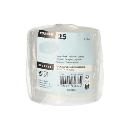 A transparent plastic package contains 25 Starpak PP lids for soup cups (round, Ø 9.8 cm, 1 cm high), labeled with a barcode and multilingual recycling information. Product: Starpak 25 lids for soup cups, PP round Ø 9.8 cm.