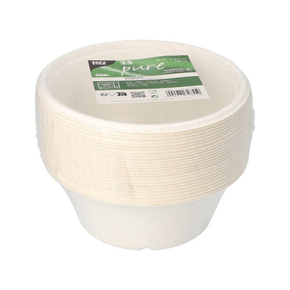 A stack of PAPSTAR 25 sugarcane bowls "pure", Ø 17cm, with green-white label; biodegradable, sustainable, and environmentally friendly – from PAPSTAR GmbH.