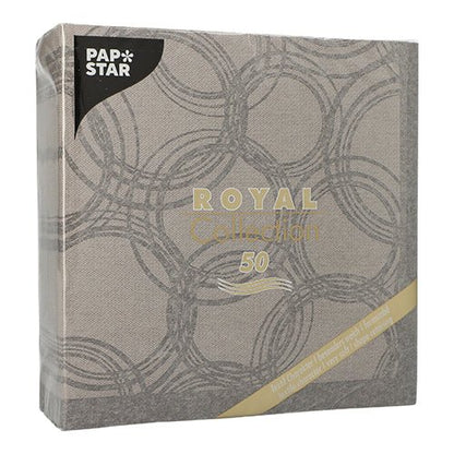 The PAPSTAR 50 napkins "ROYAL Collection" 1/4-fold, 40 x 40 cm in gray by PAPSTAR GmbH have an elegant, overlapping circle pattern and are delivered in a pack of 50, highlighted by golden text and number on the front.