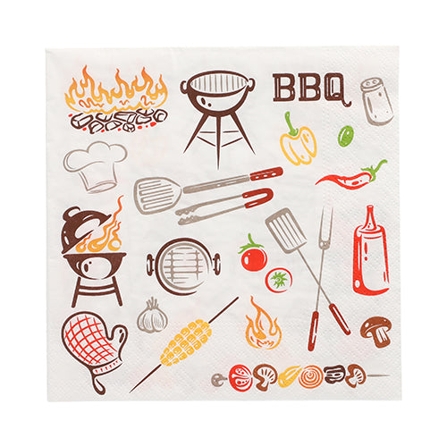 Die PAPSTAR GmbH 20 Servietten, 33x33 cm, 3-lagig, 1/4-Falz Design Set 1 zeigen Illustrationen zum Thema Grillen wie Grill, Flammen, Kochmütze, Zange, Spieße, Gemüse, scharfe Soße, Mais und den Text "BBQ" auf weißem Hintergrund.