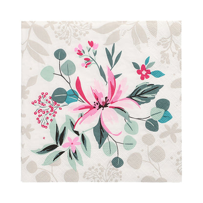 The PAPSTAR 20 napkins, 33 cm x 33 cm, 3-ply by PAPSTAR GmbH feature a watercolor pink flower with green leaves and small red blossoms on a beige background with a subtle leaf pattern. Design set 2.