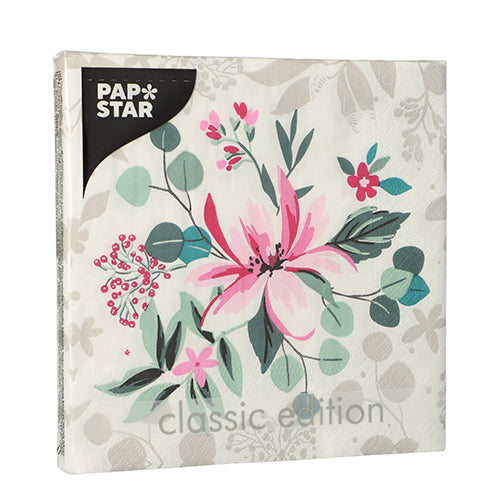 A pack of PAPSTAR GmbH 20 napkins, 33x33 cm, 3-ply, design set 2 napkins with a pink-red floral pattern and green leaves on white; partially transparent packaging shows the design.