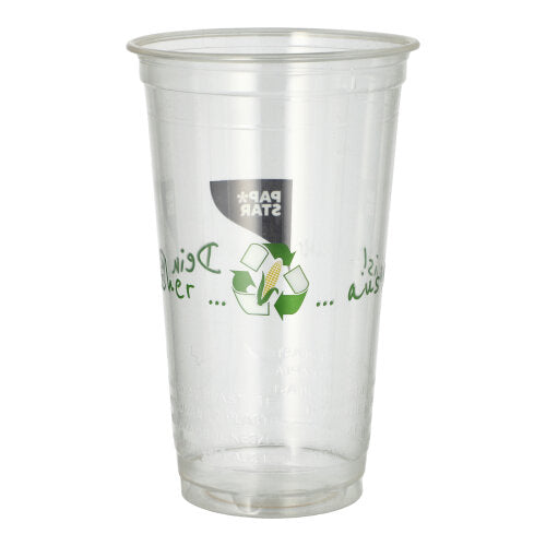 The 50 PLA drinking cups "Cup made of corn" from PAPSTAR GmbH stand upright on a white background and feature recycling symbols and green text highlighting their eco-friendly, biodegradable properties.