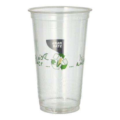The 50 PLA drinking cups "Cup made of corn" from PAPSTAR GmbH stand upright on a white background and feature recycling symbols and green text highlighting their eco-friendly, biodegradable properties.