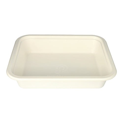 The PAPSTAR Gastronorm container GN 1/2 is a rectangular, white food tray made of sugarcane from PAPSTAR GmbH, with rounded corners and a slightly raised edge, depicted on a white background. The package contains 1 piece.