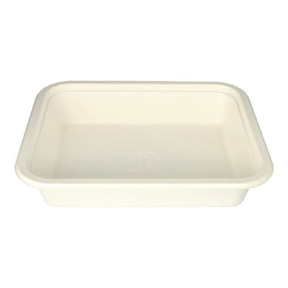 The PAPSTAR Gastronorm container GN 1/2 is a rectangular, white food tray made of sugarcane from PAPSTAR GmbH, with rounded corners and a slightly raised edge, depicted on a white background. The package contains 1 piece.
