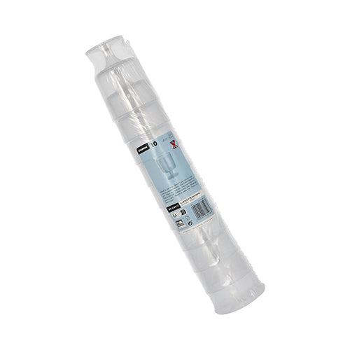 A stack of transparent, unbreakable Starpak 10 reusable stem glasses made of polypropylene, packaged in a transparent packaging with a blue-white label featuring the Starpak brand, product information, and barcode.